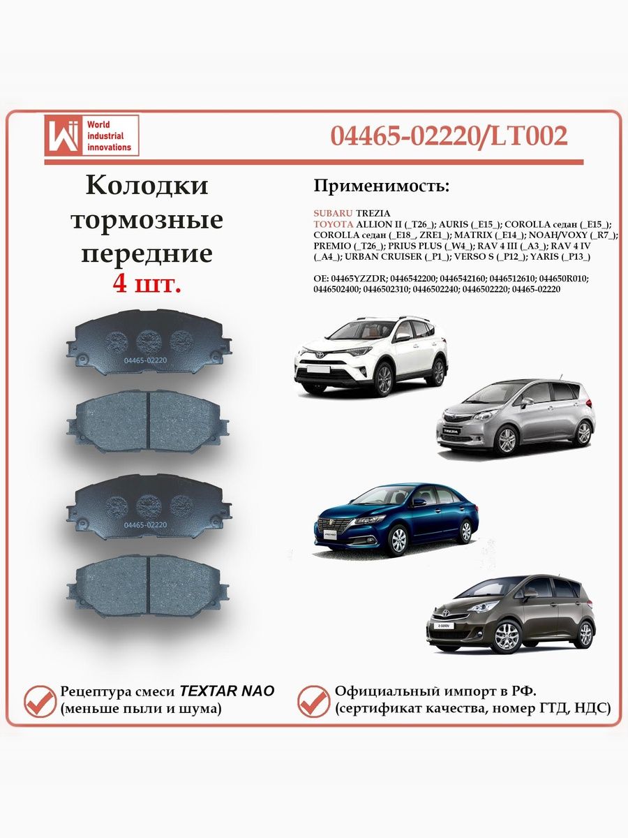 Колодки тормозные передние для Тойота РАВ 4, Ярис, Аурис, Королла, Урбан круизер, Субару Трезия