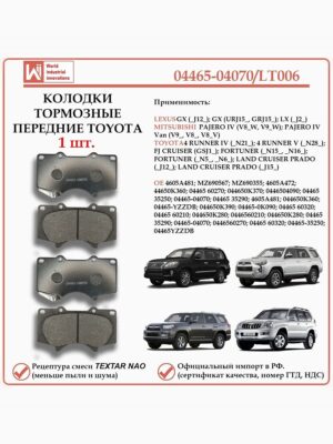 Колодки тормозные передние для Тойота Лэнд Крузер, Лексус, Мицубиши Паджеро, WII AUTO 04465-04070/LT006