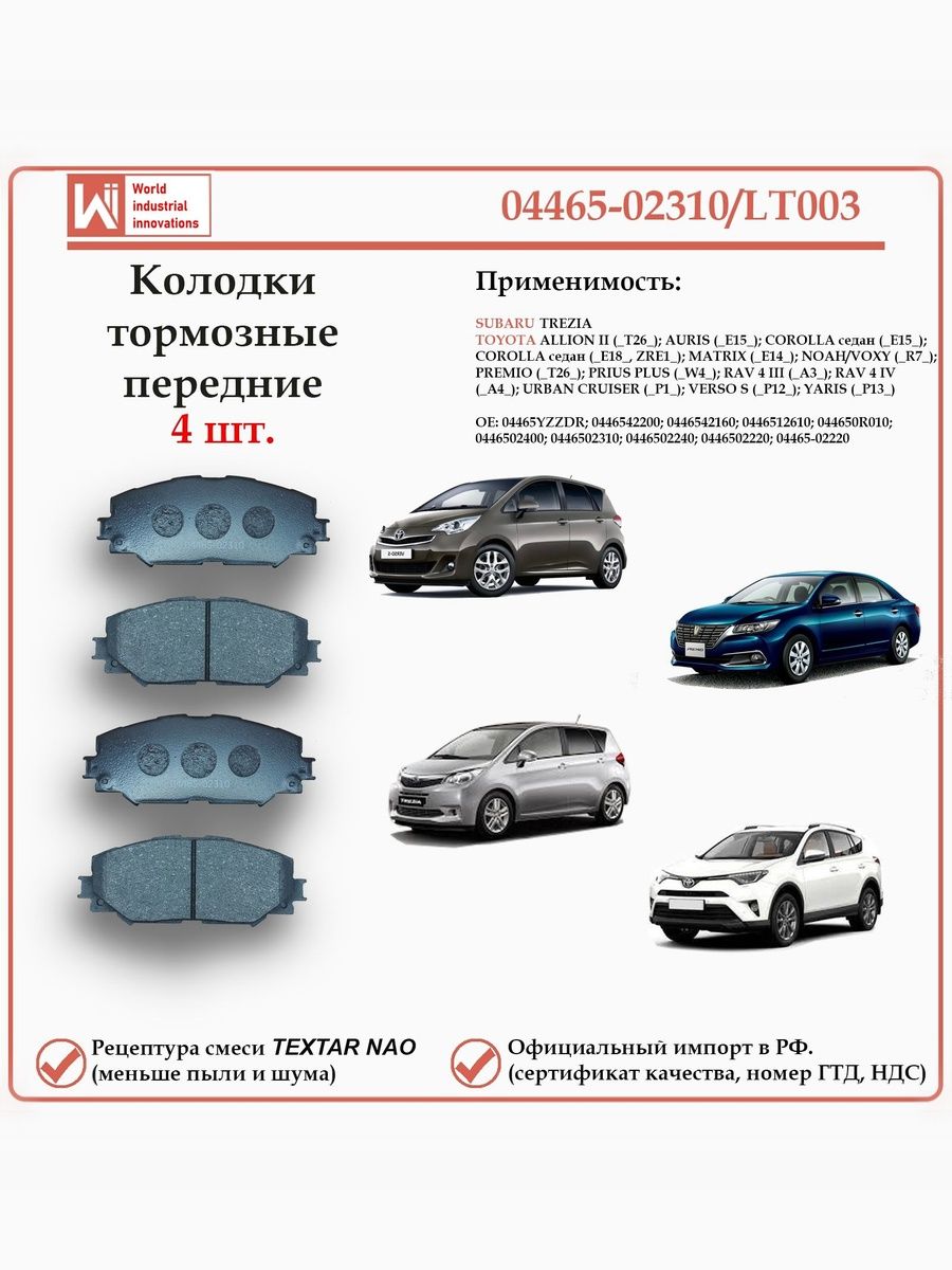 Колодки тормозные передние для Тойота Алион, Аурис, Королла, Матрикс, Премио, Приус, РАВ 4, Субару Трезия WII AUTO 04465-02310/LT003