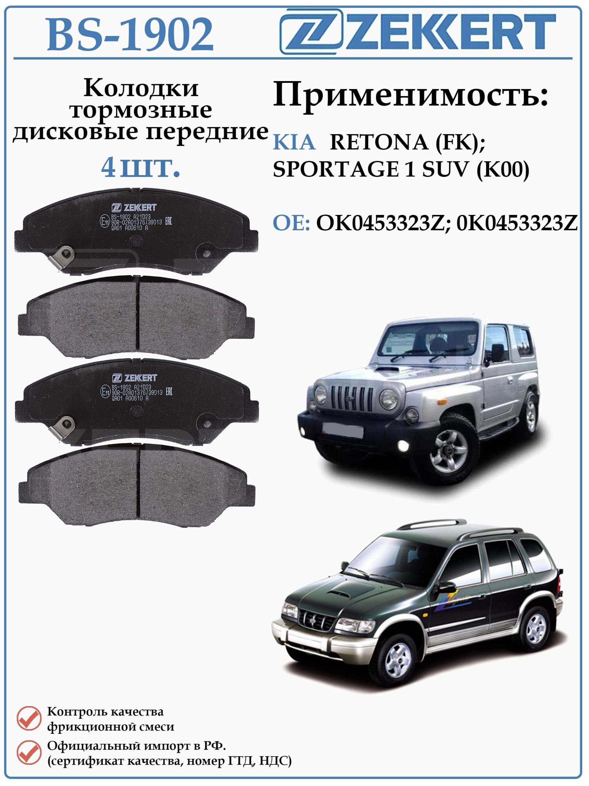 Колодки тормозные, дисковые передние для КИА Спортаж первого поколения ZEKKERT BS-1902