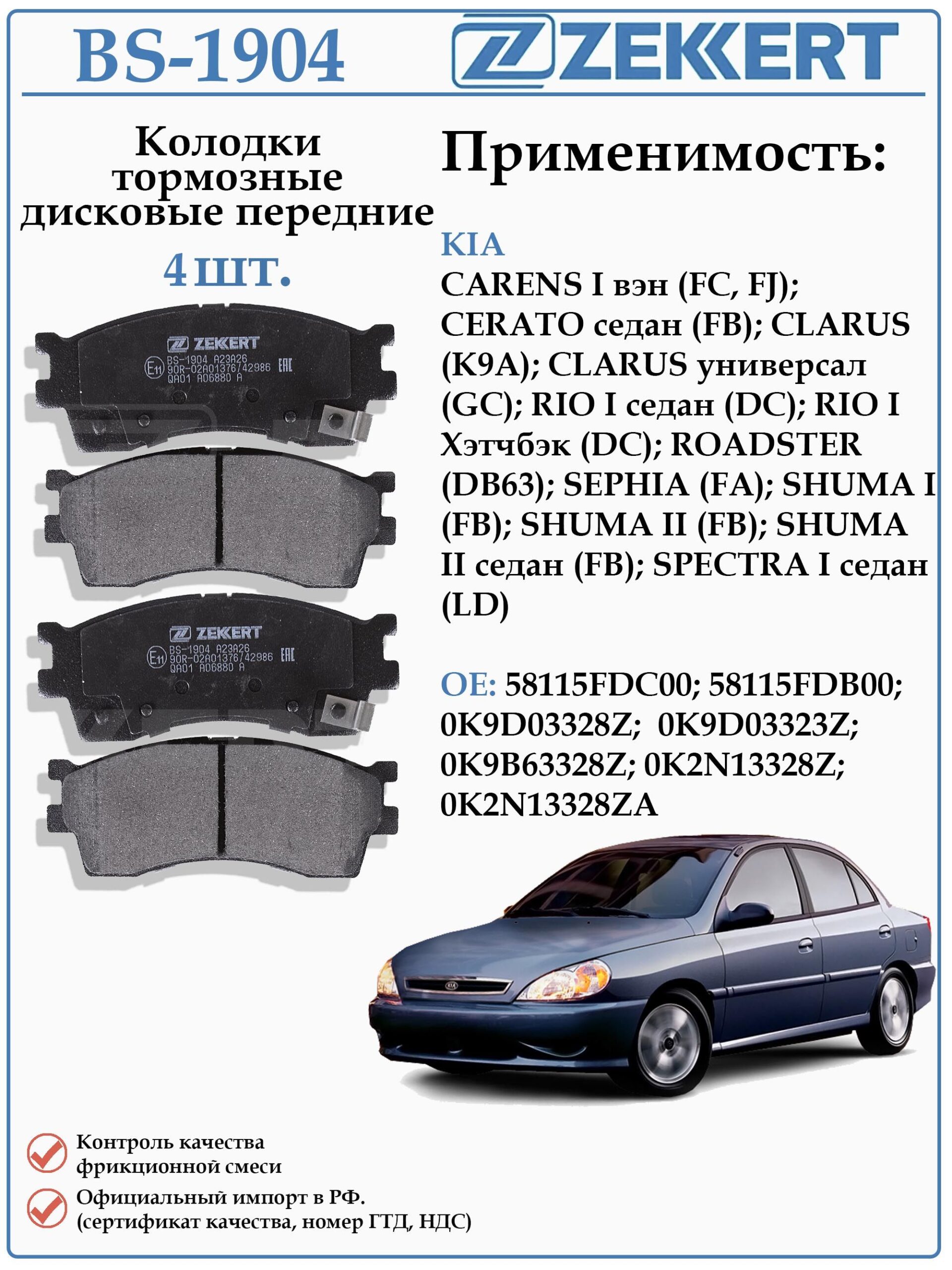 Колодки тормозные, дисковые передние для Киа Шума, Рио 1, Церато ZEKKERT BS-1904