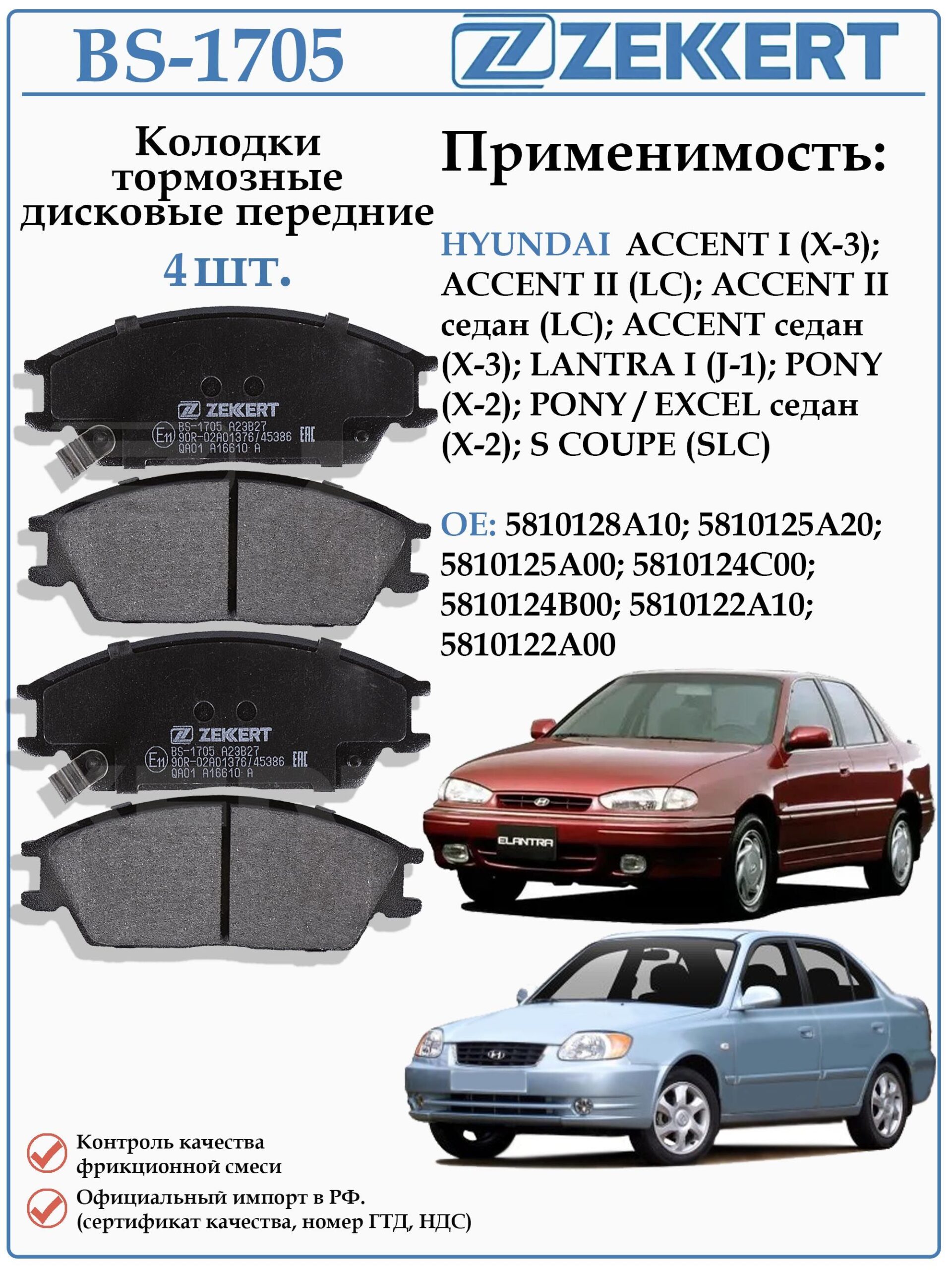 Колодки тормозные, дисковые передние для Хендай Гетц, Акцент ZEKKERT BS-1705