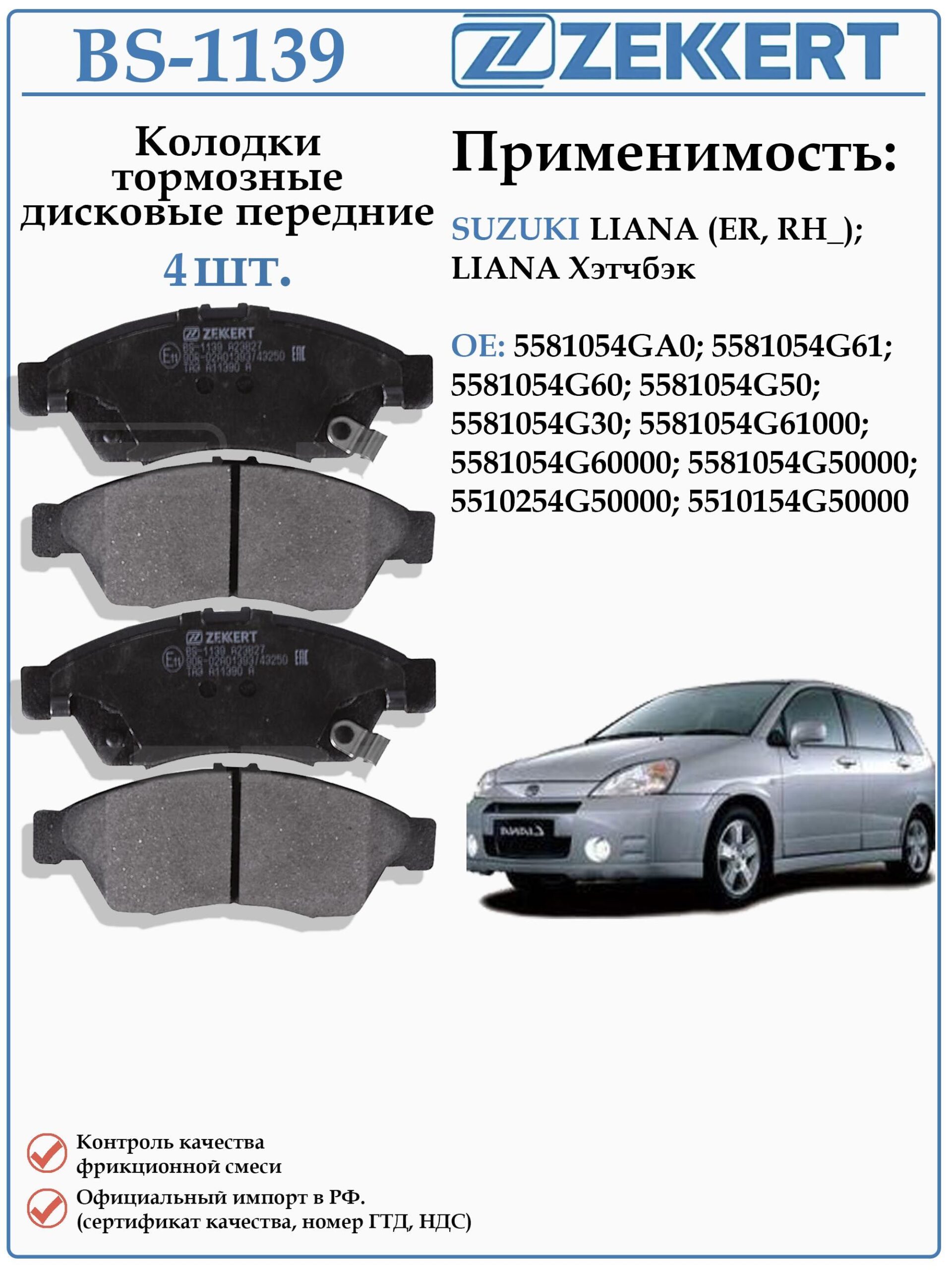 Колодки тормозные, дисковые передние для Сузуки Лиана ZEKKERT BS-1139