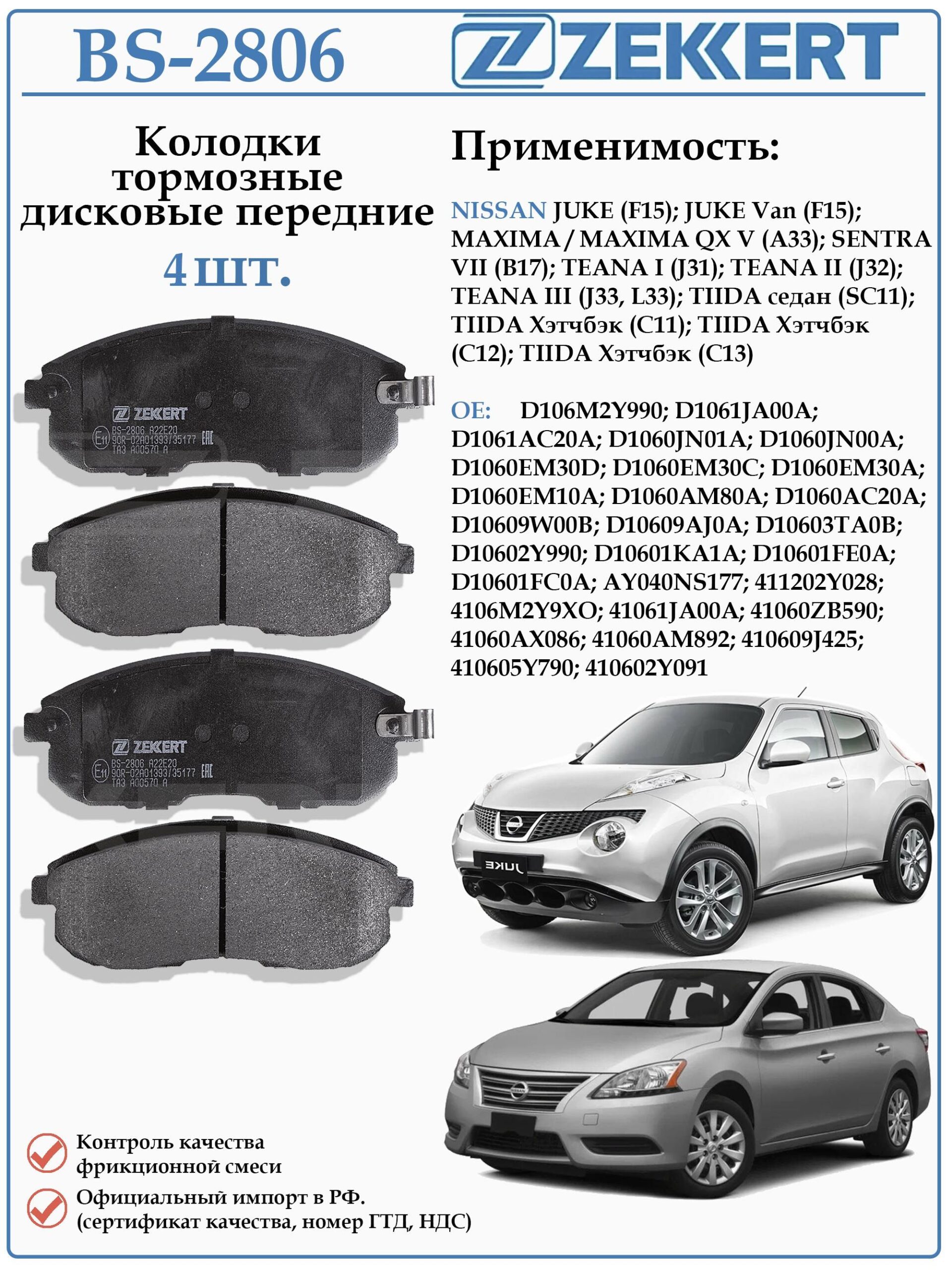 Колодки тормозные, дисковые передние для Ниссан Джук, Теана, Тиида ZEKKERT BS-2806