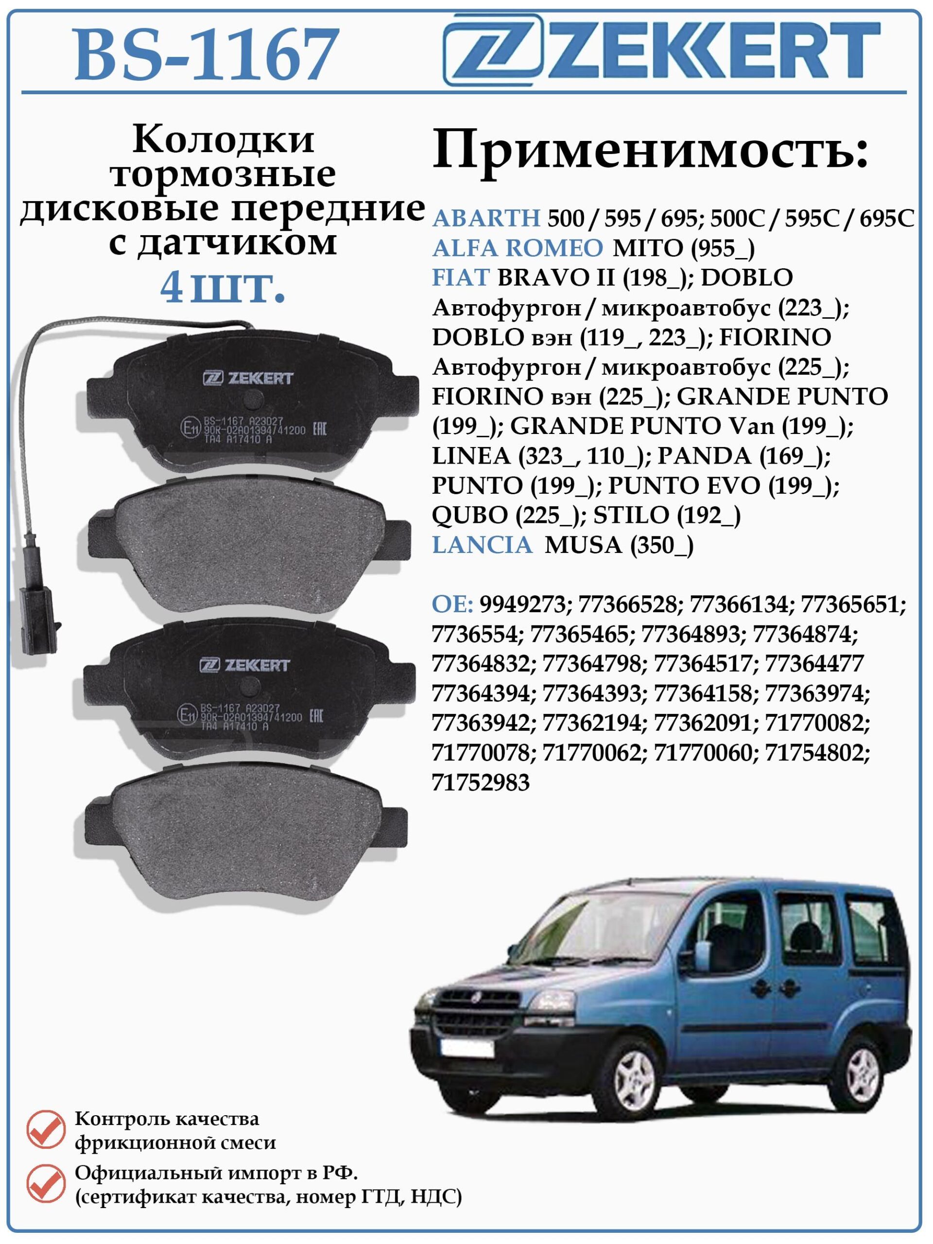 Колодки тормозные, дисковые передние с датчиком для Фиат Добло, Браво, Пунто ZEKKERT BS-1167