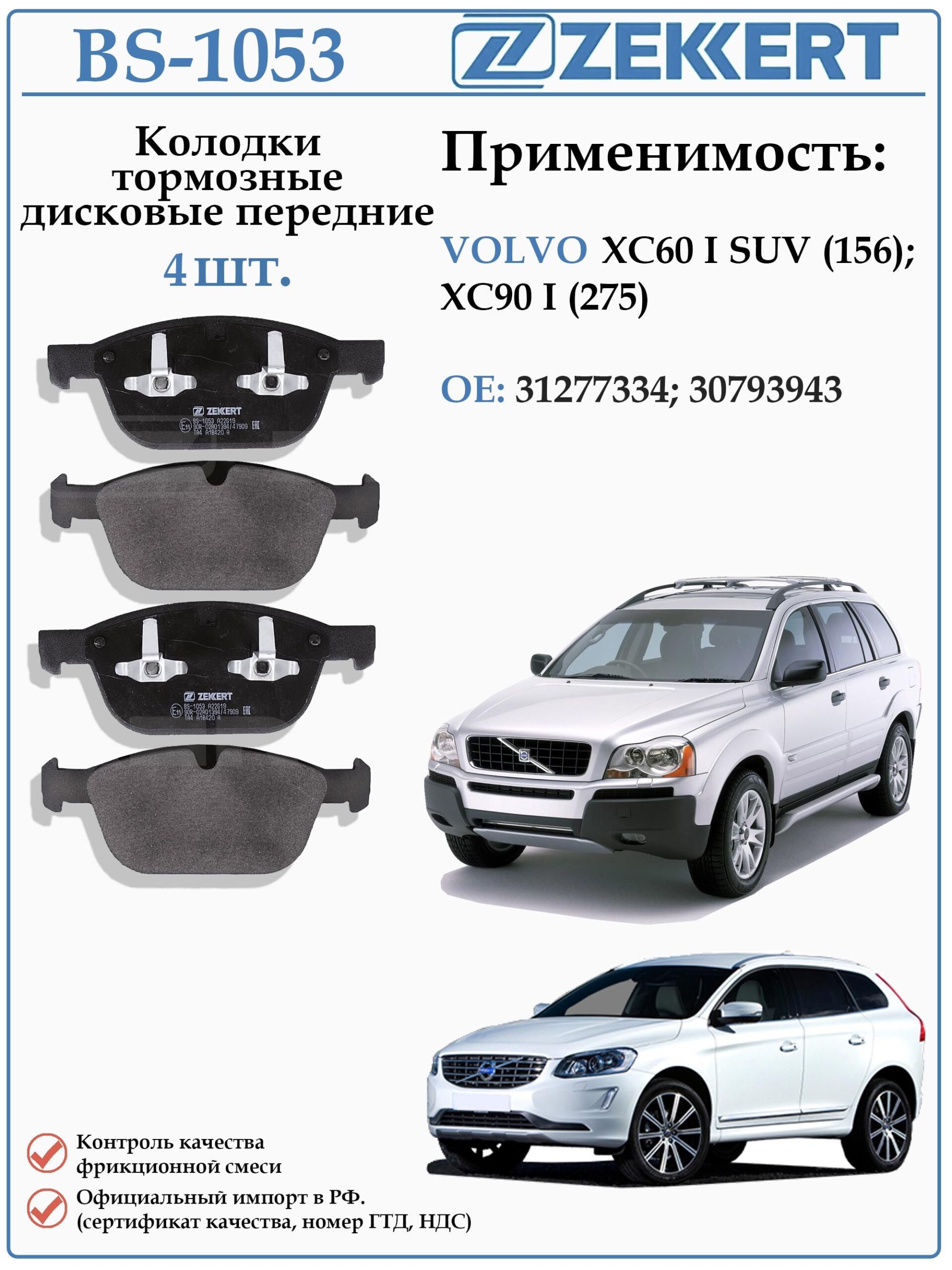 Колодки тормозные, дисковые передние для Вольво XC90, XC60 ZEKKERT BS-1053