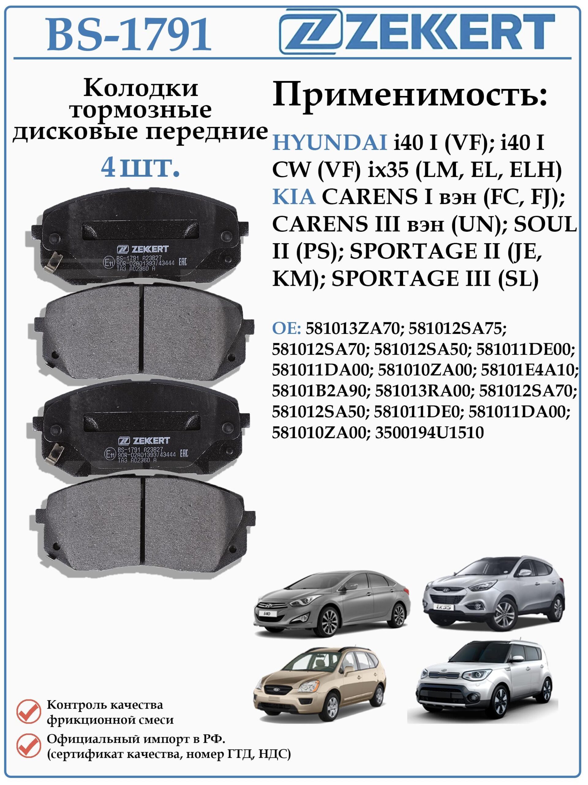 Колодки тормозные, дисковые передние для Хендай ix35, i40, Киа Спортаж, Соул ZEKKERT BS-1791