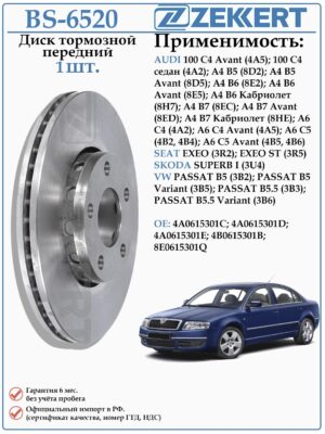 Диск тормозной передний Фольксваген Пассат Б5, Б5+ Ауди А4, А6, Шкода Суперб 1 ZEKKERT BS-6520