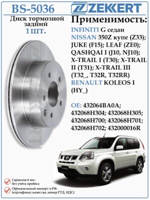 Диск тормозной задний Ниссан X-TRAIL I (T30), X-TRAIL II (T31) ZEKKERT BS-5036