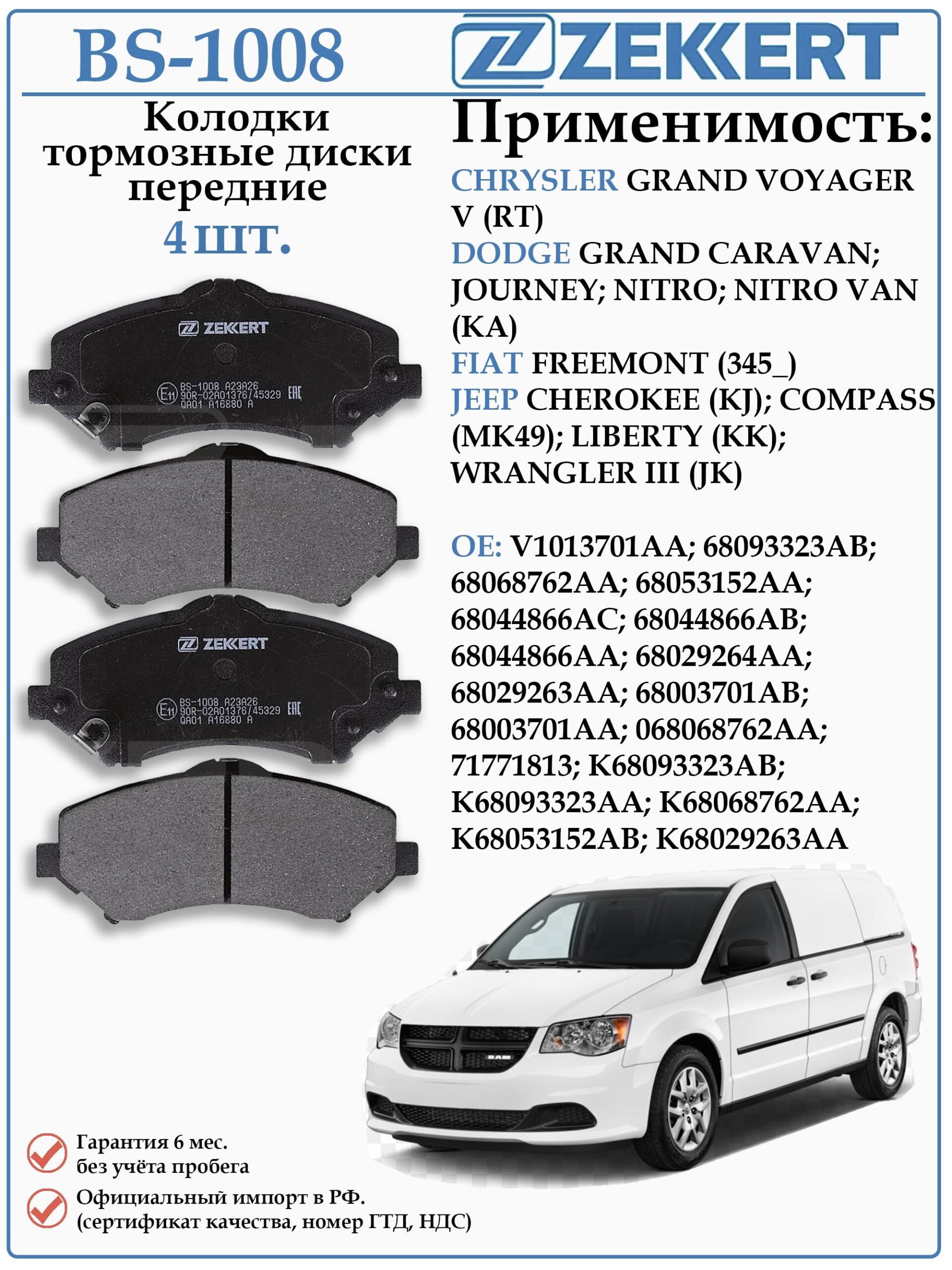 Колодки тормозные, дисковые передние для Крайслер Гранд Вояджер, Джип Компас, Вранглер ZEKKERT BS-1008
