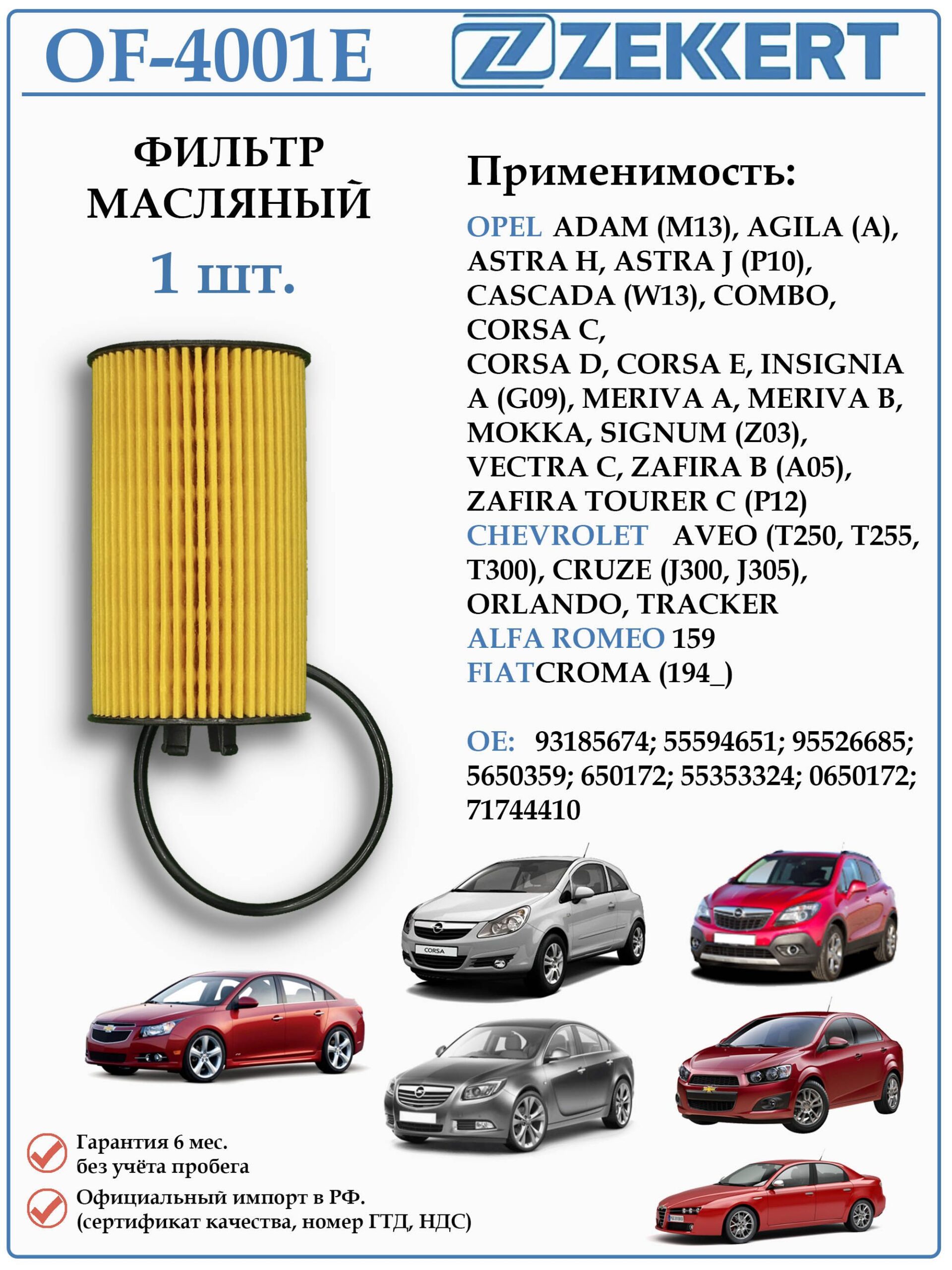 Фильтр масляный для Опель, Шевроле, Фиат, Альфа Ромео ZEKKERT OF-4001E