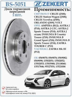 Диск тормозной передний Шевроле Круз, Опель Астра, Инсигния ZEKKERT BS-5051