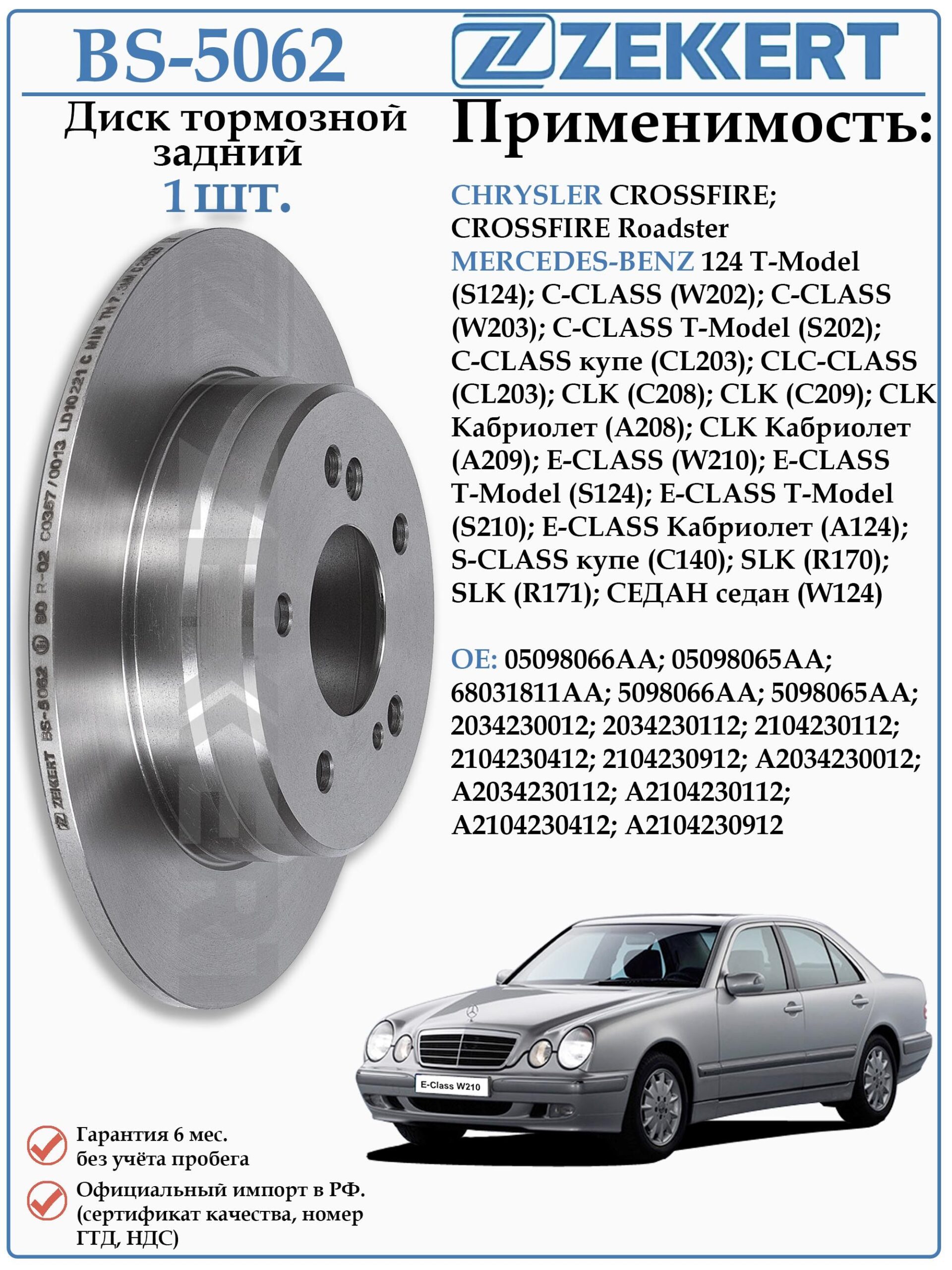Диск тормозной задний Мерседес C-CLASS, E-CLASS ZEKKERT BS-5062