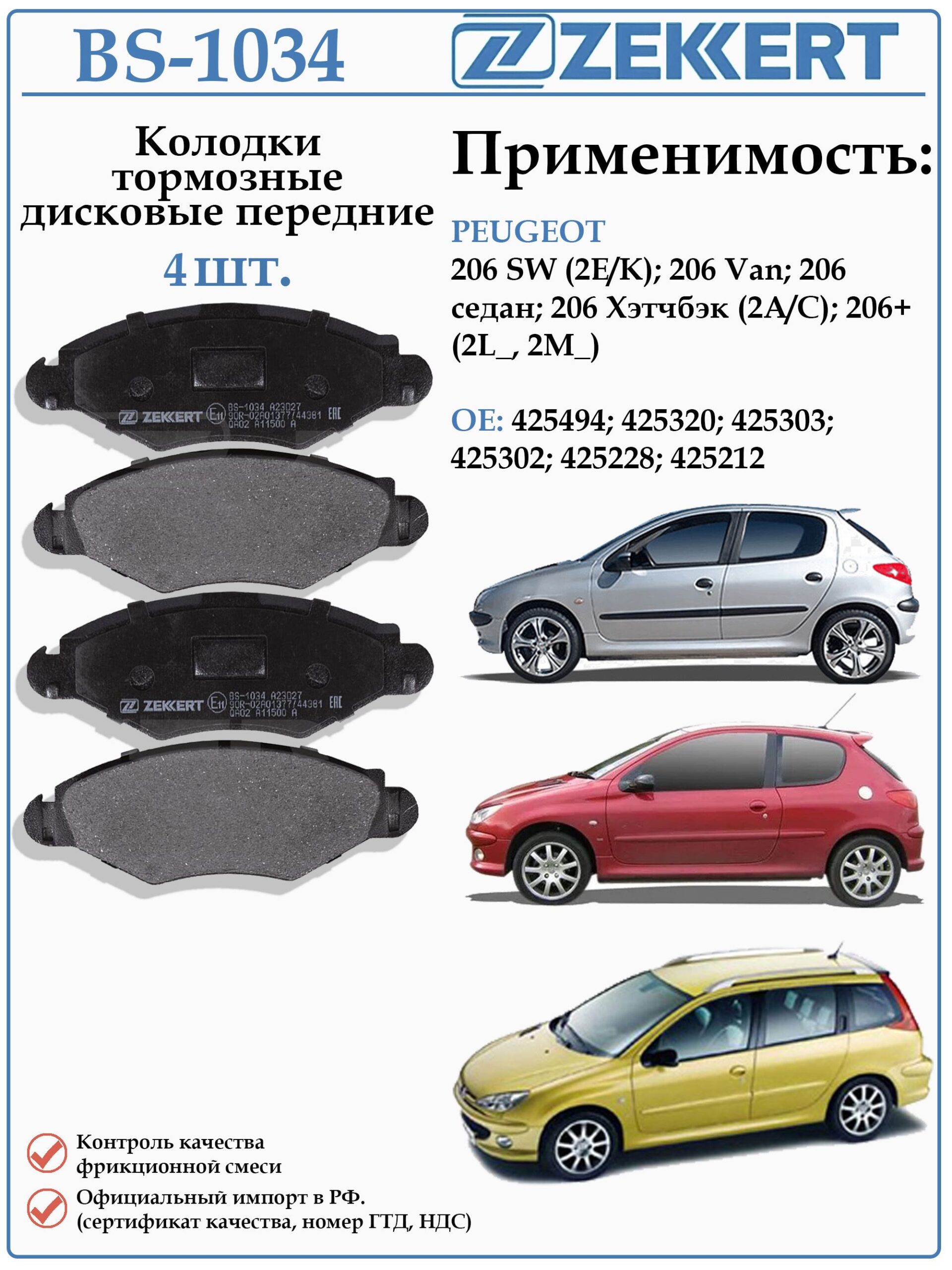 Колодки тормозные, дисковые передние для Пежо 206 ZEKKERT BS-1034