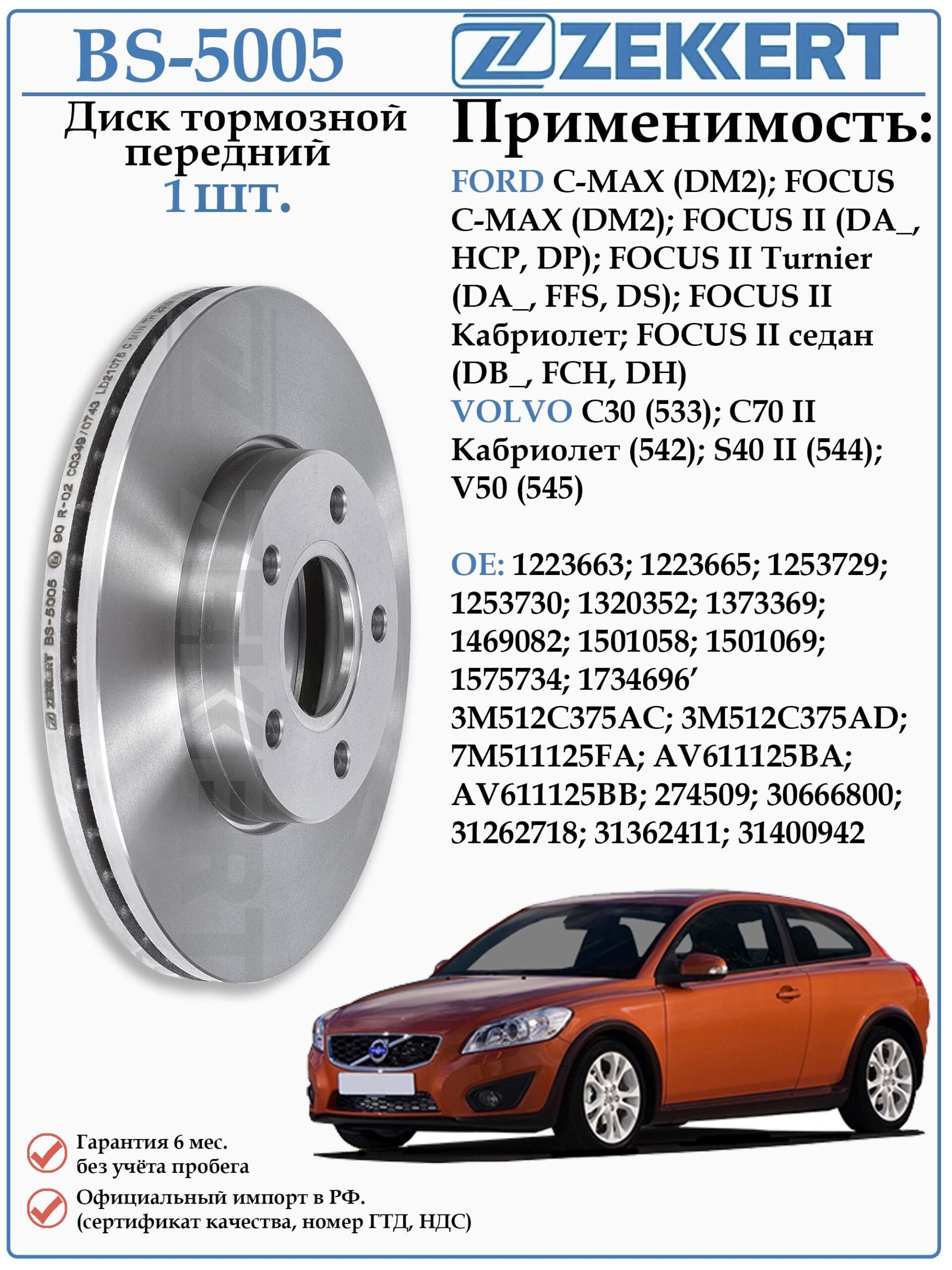 Диск тормозной передний Форд Фокус 2, C-MAX ZEKKERT BS-5005