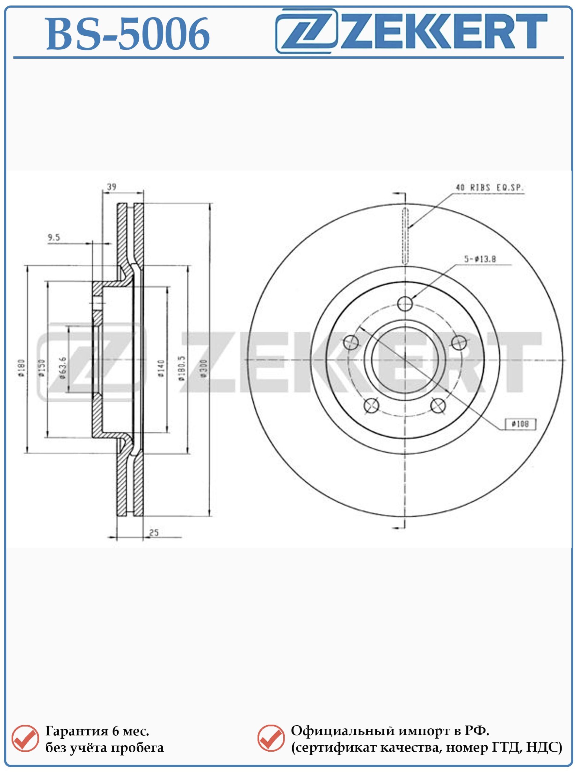 Диск тормозной передний Форд Фокус 2, 3, Куга, C-MAX 2 ZEKKERT BS-5006 — изображение 2
